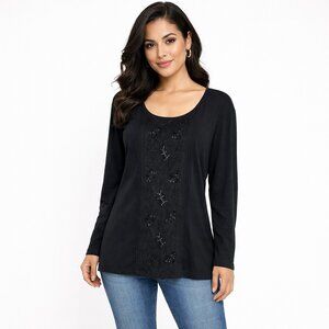 Chico's Dina Doman Black Embellished Top Going Out Fall Lace Party Spring Travel